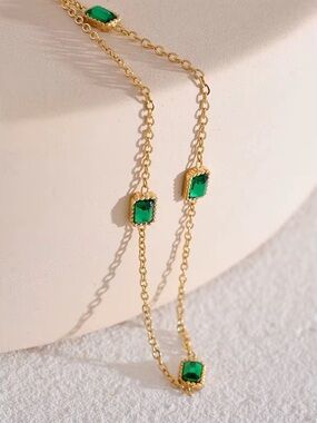 18K Gold Plated Emerald Green Stone Stations Necklace